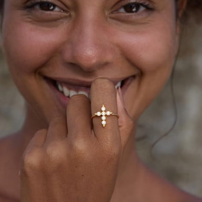 STORYJEWELLERY Cross Rings for Women, Purity Ring, Gold Plated Christian Rings for Women, Dainty Thin Ring, Religious Jewelry, Confirmation and Baptism Gifts