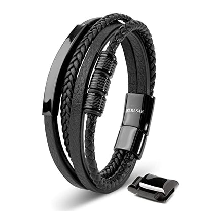SERASAR Men's Leather Bracelet with Stainless Steel Magnetic Clasp - color: Black, size: 23cm, style: Brave