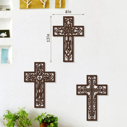Bnesi 3 Pcs Wooden Cross Wall Decor, Carved Religious Crosses for Wall