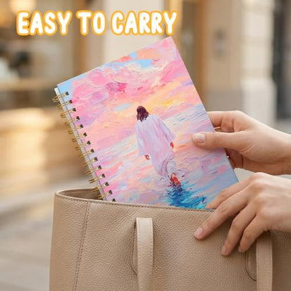 Christian Journal - Spiral Notebook Featuring Jesus Walking on Water, Church Notes Journal, Inspirational Gift for LDS & Church Members, Spiritual Thank You Gifts for Women 5.5x8.2 Inch - color: White Pink, style: Jesus Walking on Water