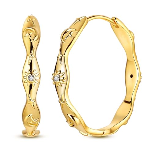 LAZA 925 Sterling Silver Earrings for Women Huggies Hoop Gold Earrings - color: Gold Moon Star Sun Earrings