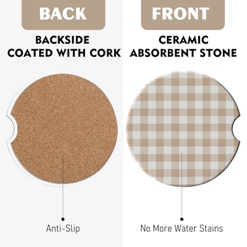 2 Pack Car Coasters for Cup Holders, Cute Car Accessories Interior (Grid-Brown White) - color: Grid-brown White