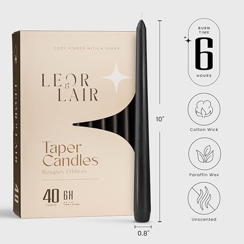 Leor & Lair Black Taper Candles, 40 Pack, 10 Inch Bulk Candlesticks - color: Black