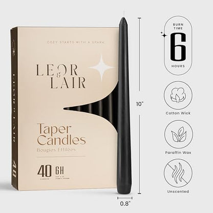 Leor & Lair Black Taper Candles, 40 Pack, 10 Inch Bulk Candlesticks - color: Black