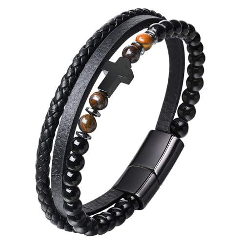 Mens Cross Bead Braided Genuine Leather Bracelet, Black Gemstone Agate Onyx Beaded Rosary Obsidian Bangle, Faith Religious Easter Catholic Christian Communion Baptism Christmas Jewelry Gift for Men - color: 02 Black