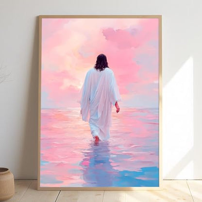 Oiyehokeul Pink Jesus Walking on Water Wall Art God Poster 16x24in No Frame - color: A5Unframed