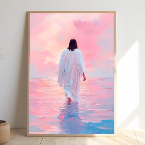 Oiyehokeul Pink Jesus Walking on Water Wall Art God Poster 16x24in No Frame - color: A5Unframed