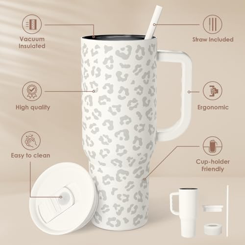 SANDJEST Leopard Tumbler with Handle, Insulated Cup Stainless Steel Travel Mug Cup, Gifts for Women Girl on Birthday Christmas, Cream Leopard, 40oz - color: Cream Leopard