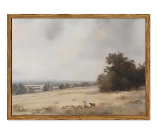 Jesus Lost Lamb Field Wall Art Jesus Leaves the 99 Sheep Wall Decor Painting Vintage Rustic Christian Religious Poster Canvas Print for Farmhouse Prayer Living Room Bedroom 12x16 inch Framed - color: Jesus-E, size: 16"L x 12"W