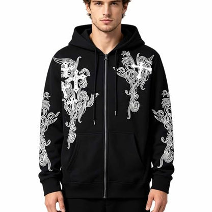 Zip Up Oversized Hoodies Women Men, Graphic Gothic Jackets Cross Hoodie, Baggy Streetwear Fleece Sweater Unisex - color: Black, size: Large