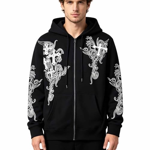 Zip Up Oversized Hoodies Women Men, Graphic Gothic Jackets Cross Hoodie, Baggy Streetwear Fleece Sweater Unisex - color: Black, size: Medium