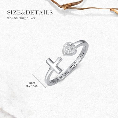 Diamond Cross Rings for Women 925 Sterling Silver Adjustable Cross Dainty Heart Rings with Lab Grown Diamond Christian Gifts for Meaningful Christmas, or Birthday Jewelry