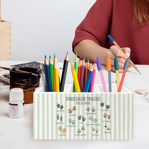 Dinosaur Tracks Nursery Pen Pencil Holder Organizer for Desk, Dino Footprints Educational Wooden Box Signs Decorations for Kids Nursery Room Desk Tabletop, Dinosaur Gifts for Kids Boys - color: Color26