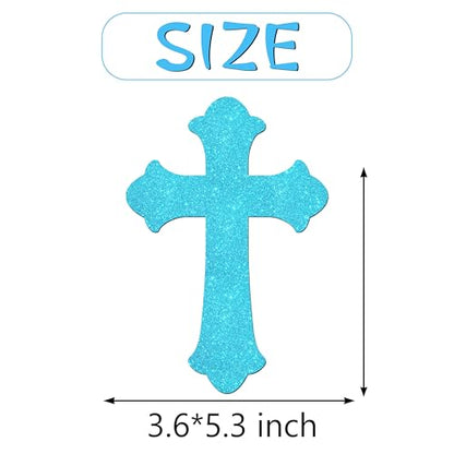 12Pcs Cross Centerpiece Sticks Blue Glitter God Baptism Table Toppers Christian Theme Baby Shower Decorations for Easter God Bless First Communion Christening Birthday Party Supplies