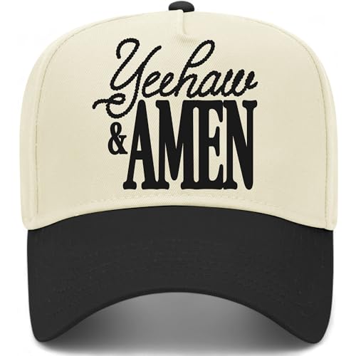 Yeehaw & Amen Hat | Premium Adjustable Christian Snapback Baseball Vintage Trucker Hats for Men & Women - color: Black/Natural