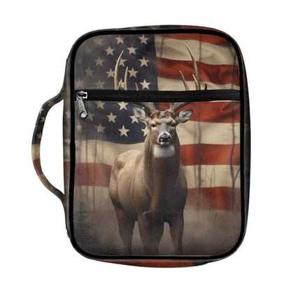 Suobstales American Flag Deer Print Bible Covers - Lightweight Bible Bag with Handle and Zippered Pocket - color: American Flag Deer 1