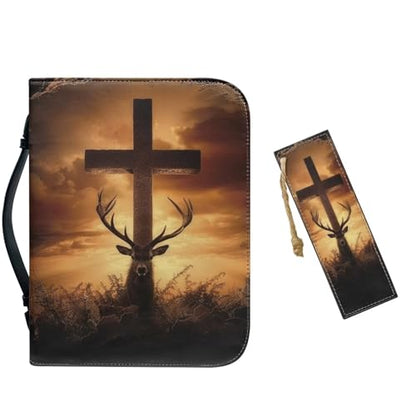 PU Bible Case, Bible Cover for Men,Bible Covers with Leather Bookmark Set,Brown Bible Carrying Case,Christian Gift,Deer Cross,Medium - color: Deer Cross, size: Medium