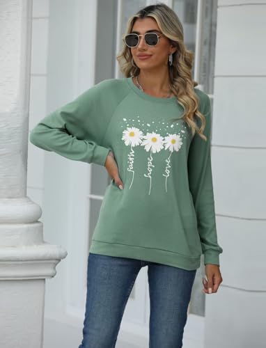 EADINVE Women Daisy Print Sweatshirts Crewneck Long Sleeve Pullover Tops - color: Green, size: Large