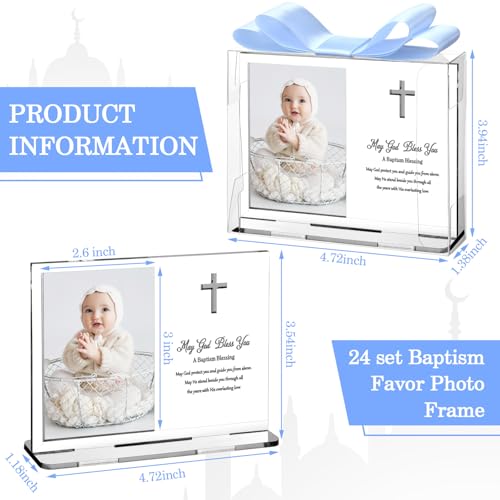 Vercraft 24 Set Baptism Picture Frame 3.5 x 5 Acrylic Baby Shower Baptism Favor Christening Gifts for Boy Girl with Plastic Crystal Boxes and Satin Ribbon Bows for Religious First Communion(Silver) - color: Silver