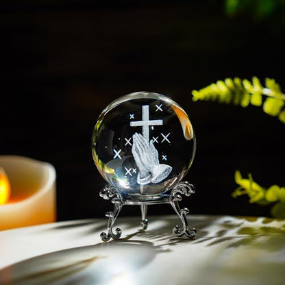 2.3in Praying Hands Cross Crystal Ball with Stand Christian Gift Decor - style: Prayer Cross