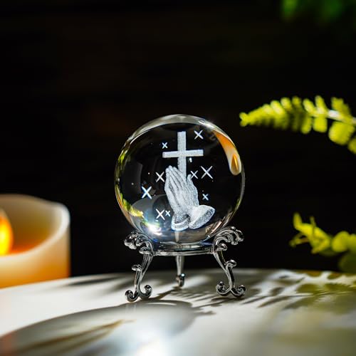 2.3in Praying Hands Cross Crystal Ball with Stand Christian Gift Decor - style: Prayer Cross