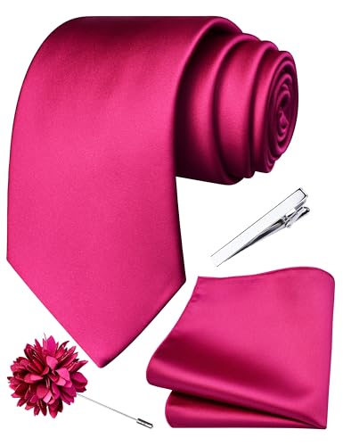Branduce 3.15"（8cm） Mens Tie and Lapel Pin Solid Necktie Handkerchief Tie Clip Set for Men - color: Fuchsia Pink
