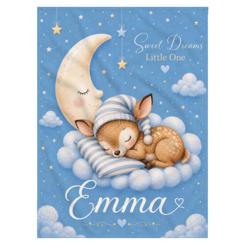 Personalized Baby Blanket With Name, Custom Baby Blankets Gift for Boy Girl - color: Cloud Blue, size: Deer