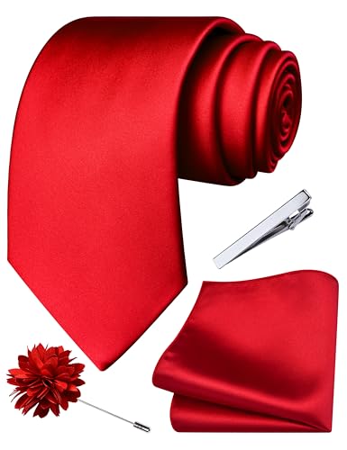 Branduce 3.15"（8cm） Mens Tie and Lapel Pin Solid Necktie Handkerchief Tie Clip Set for Men - color: Red