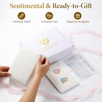 My First Religious Keepsake Box Set for Girls - 3D Virgin Mary Medal, White PU Leather Case & Blessing Card for Baptism, First Communion (Premium Keepsake Box - Rosary Not Included) - style: Style B