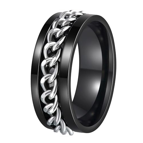 Mens Fidget Rings Anxiety Ring for Men 6mm 8mm Chain Spinner Ring Size 5-14 - color: Black Silver