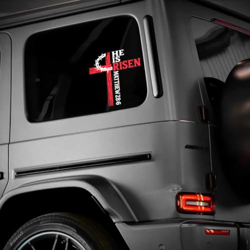 Premium He is Risen Cross Decal – Christian Jesus Car Sticker with Bible Verse Matthew 28:6, Durable Weatherproof Religious Vinyl Window Decal Size 6x6 inches