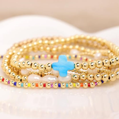 Gold Pearl Beaded Cross Bracelets Stack Set for Women, Boho Handmade Colorful Small Beads Stretchable Jewelry Friendship Summer Trendy Gift. - color: blue