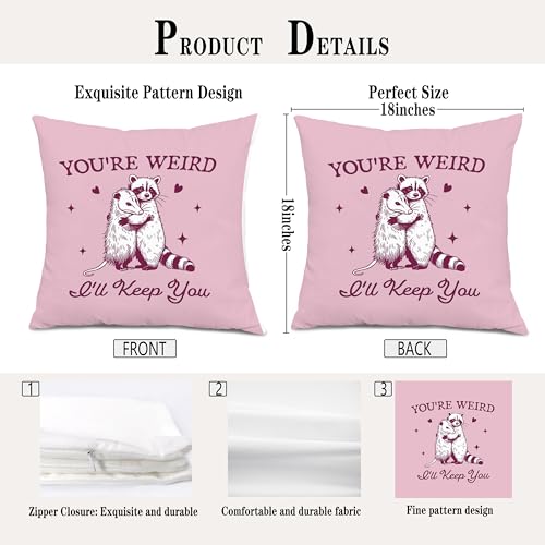 Funny Pink Racoon Opossum Meme Throw Pillow Covers 18x18, You're Weird I'll Keep You Decorative Pillow Covers for Home Living Room Bedroom, Opossum Gifts for Women - color: Colour -E