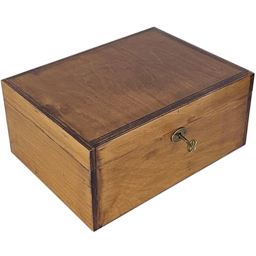 Large Wooden Box with Lock and Key, Vintage Memento Box for Men and Women, Rustic Brown Decorative & Lockable Memory Keepsake Box with Hinged Lid, Secret Lock Box, Keepsake Chest (Brown)