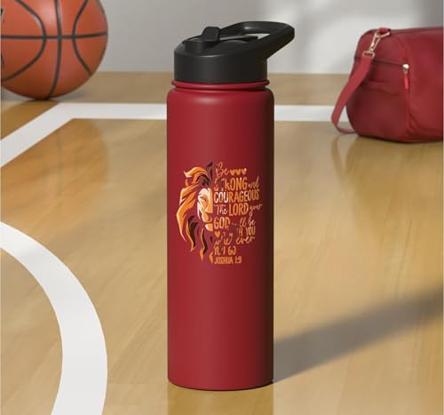 Christian Bible Verse Joshua 1:9 Lion Stainless Steel Insulated Water Bottle - color: Red