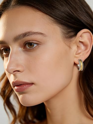 Two Tone Gold Silver Hoop Earrings Mixed Metal Open C Hoop Earrings - color: Antique