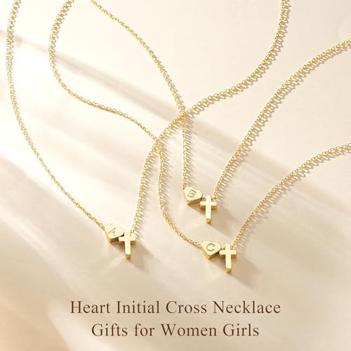 Ritach Cross Initial Necklaces for Women Girls - 14K Gold Plated Initial Heart Necklace Dainty Gold Cross Pendant Necklace Birthday First Communion Baptism Christian Gifts for Women Kids Teen Girls - color: E