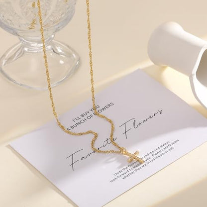 Cross Necklace For Women,14K Gold Plated Small Dainty Colorful Beaded Cubic Zirconia Diamond Double Layered Cross Pendant Choker Necklaces For Women,Christian Easter Religious Jewelry Gifts - style: Twist Chain Small CZ Cross-Gold