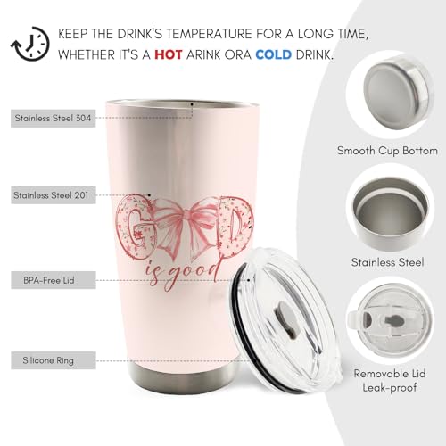 Christian God is Good Pink Bow Cross 20oz Travel Coffee Mug Tumbler, Christian Easter Tumbler Gifts for Women Kids, Preppy Stuff, Pink Preppy Water Stainless Steel Tumbler with Lid and Straw - color: bow