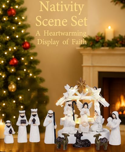 Christmas Nativity Scene Set 14 Piece Nativity Scene with Manger for Nativity Scene Indoor Decor Nativity Story Figures Nativity Set Decoration Mini Miniature Religious Christmas Holy Family Figurines - style: real person