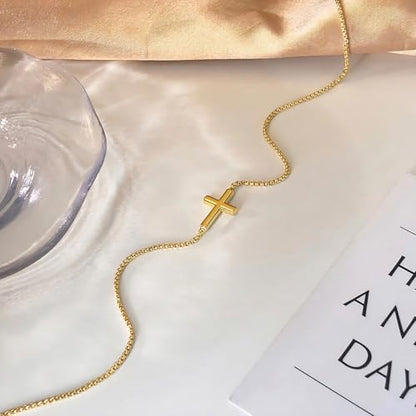 Airmb Cross Necklace for Women Choker 14K Gold/925 Silver Plated Dainty Choker Small Cross Pendant Trendy Cute Cross Charm Delicate Necklace Hypoallergenic Faith Jewelry Religious Gifts for Women - color: Sideways Cross-Gold Plated