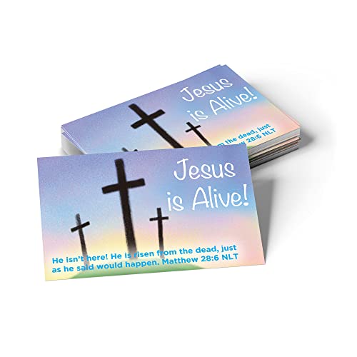 Jesus is Alive (Calvary), Matthew 28:6, Bulk Pack of 25 Affirmation Scripture Cards for Kids, Pass it On Christian Bible Verse Cards for Sunday School, Childrens Church, & Youth Group Ministry