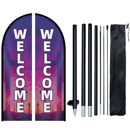 Double Sided Church Welcome Feather Flag with Pole Kit, 8FT Durable Polyester Outdoor Church Sign Banner, High Visibility Welcome Flag for Entrance, Sunday Service & Community Events