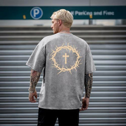 Mens Faith Over Fear Christian Shirts Jesus God Religious Bible Verse Cross Tshirt Oversized Acid Wash Graphic Tees - color: Light Gray, size: Medium