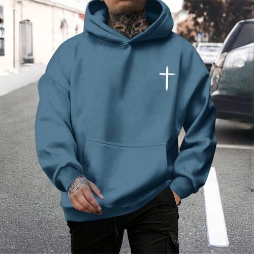 Tuislay Mens I Can Do All Things Through Christ Hoodies Christian Jesus Hoodie Religious Cross Sweatshirt Faith Pullover Tops - color: Deep Blue, size: Small