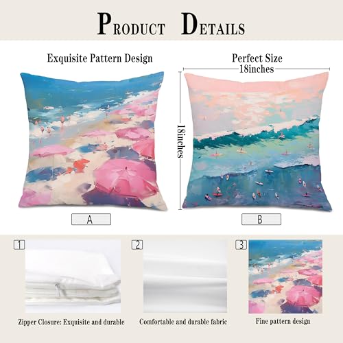 Summer Coastal Beach Throw Pillow Covers 18x18, Pastel Preppy Nautical Ocean Beachy Decorative Pillow Covers for Home Bedroom Living Room Beach House, Set of 2 - color: Colour -H