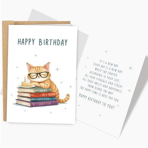 Cute Birthday Card for Cat Lover, Funny Birthday Card for Sister Brother Best Friend Family, Book Bday Card for Men Women, Here Is To Another Chapter - color: Cat Birthday