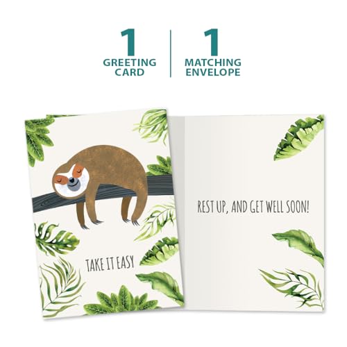 Tree-Free Greetings "Take It Slow" Sloth Get Well Card - 1 Recycled 5x7 Card & Matching Envelope, Thick Cardstock, Sustainably Made in USA - Relaxing Jungle Theme - color: Sloth Slow Lane