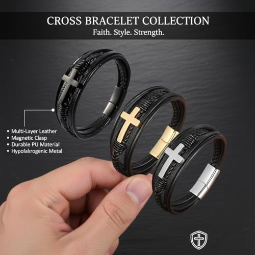 Stainless Steel Braided Leather Bracelet for Men Cuff Bangle Cross - color: 3 Colors