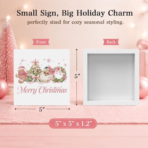 Pink Christmas Decor, Christmas Decorations Indoor, Coquette Bow Xmas Tree Santa Claus Gingerbread Sign Gift for Women Friends, Rustic Wooden Box Sign for Home Office Bedroom Desk Decor 5x5 Inches - color: Merry Christmas-7